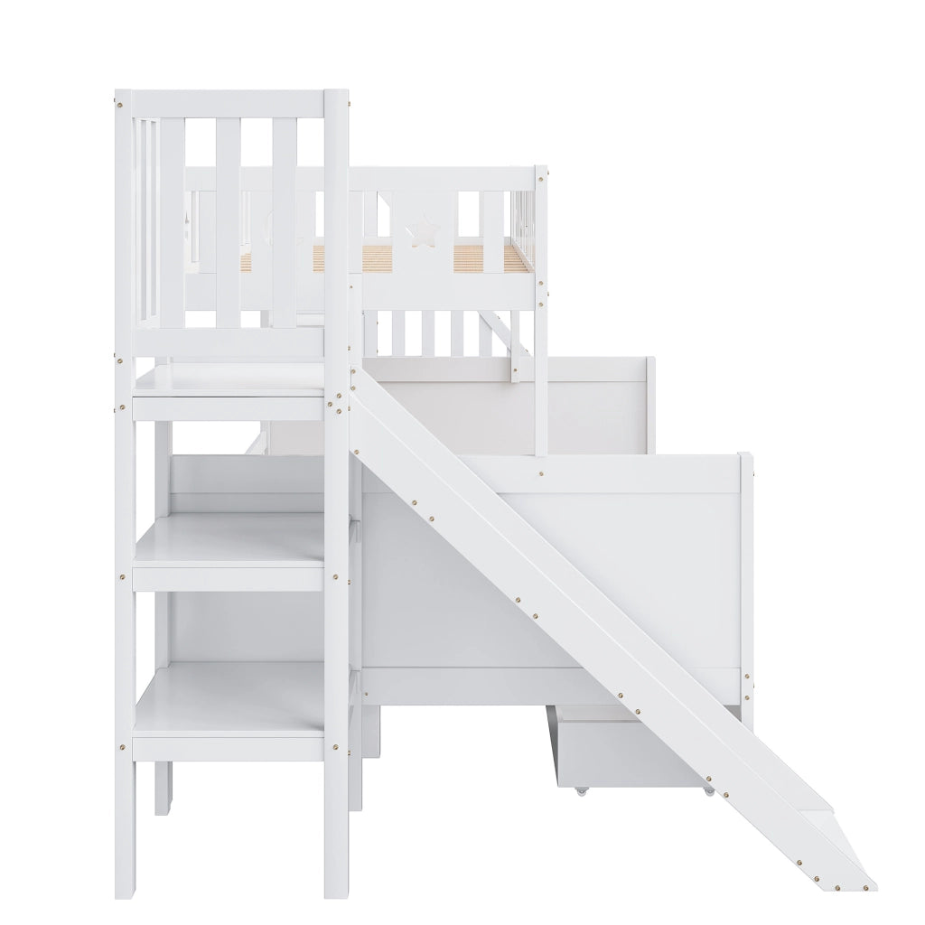 Letto a castello per bambini bianco con scivolo, scala e cassetti
