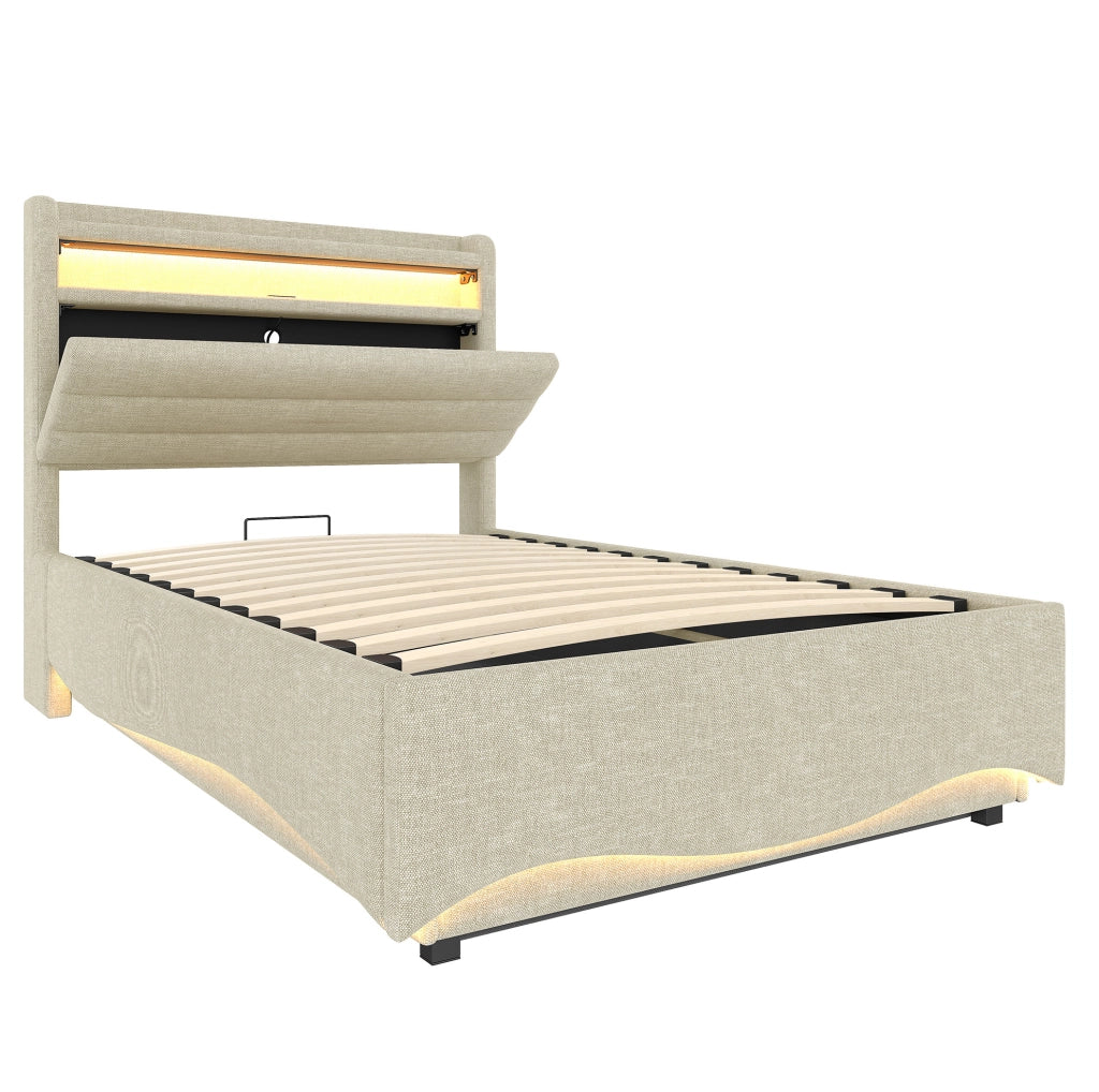 Letto imbottito 90x200 cm con LED; contenitore idraulico e porte USB in lino beige