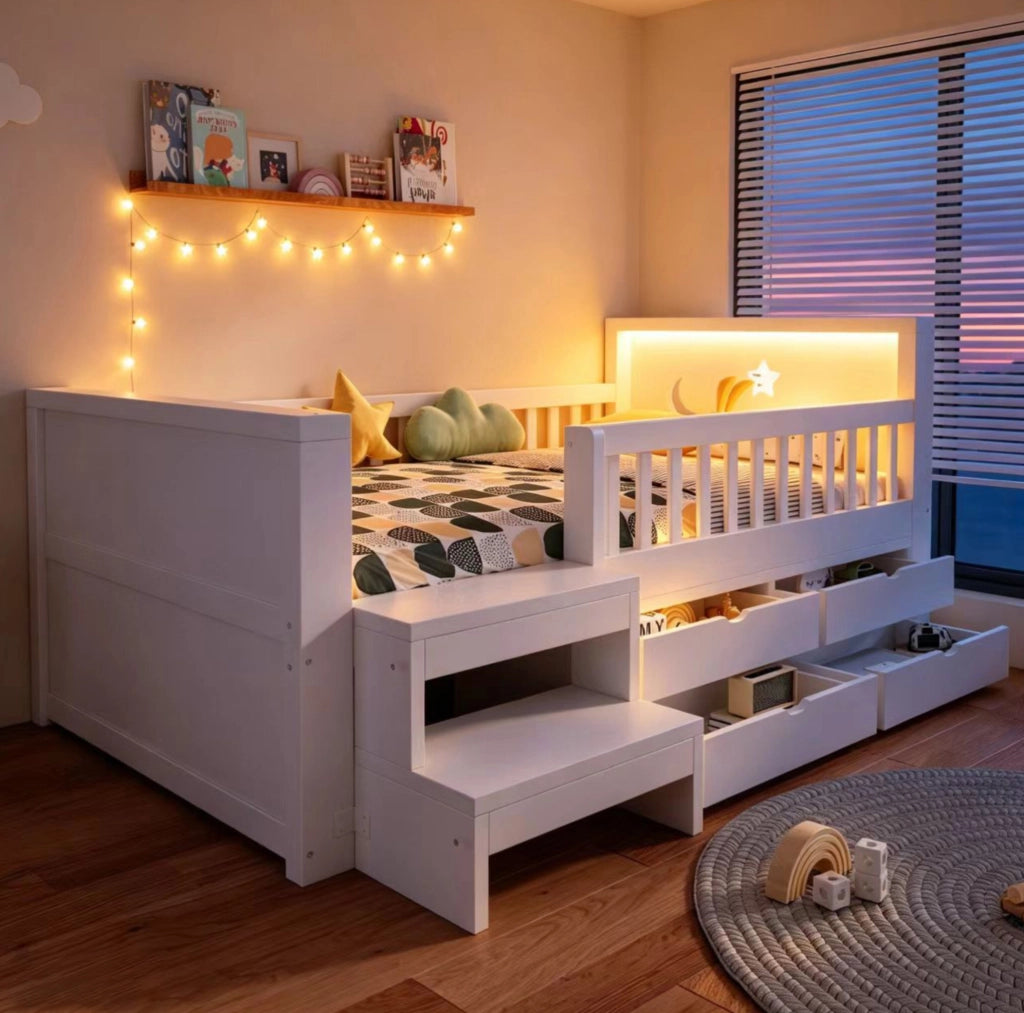 Letto bambini 90x200 cm in legno bianco con sponde; cassetti; scala e LED