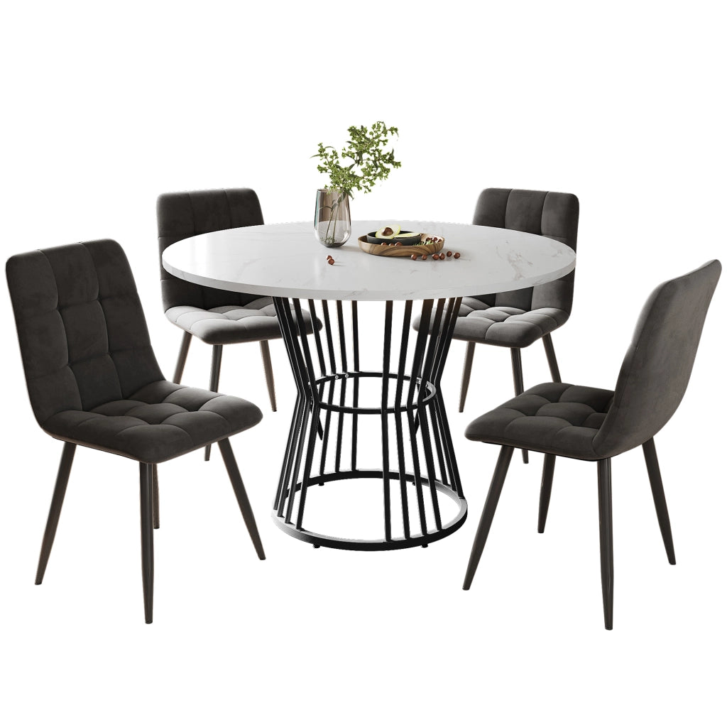 Set Tavolo da Pranzo Rotondo con 4 Sedie ¨C Xylo ¨C Piano Bianco MDF, Gambe Metallo Nero, Velluto Grigio Scuro