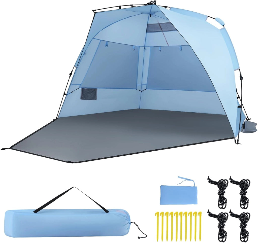 Tenda da Spiaggia Grande Adatta a 3-4 persone, Tenda da Campeggio Pop Up con 4 Finestre in Rete, Porta con Cerniera e Borsa da Trasporto, Protezione Solare, 278 x 139 x 160 cm