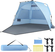 Tenda da Spiaggia Grande Adatta a 3-4 persone, Tenda da Campeggio Pop Up con 4 Finestre in Rete, Porta con Cerniera e Borsa da Trasporto, Protezione Solare, 278 x 139 x 160 cm
