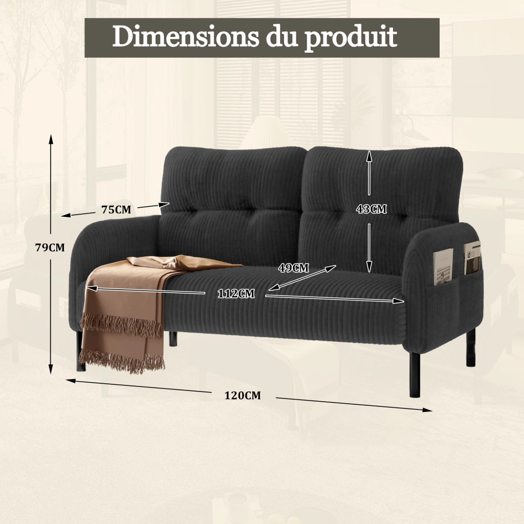 Divano 2 Posti con Schienale Ergonomico e Tasca Laterale; in Velluto a Coste; Grigio; 120 × 75 × 79 cm