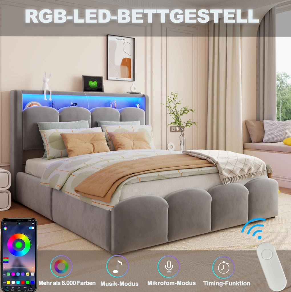 LETTO Imbottito 140x200 cm Velluto Grigio con LED, USB e USB-C