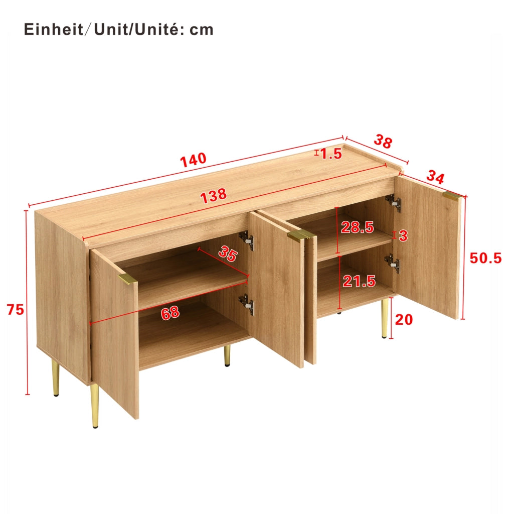 CREDENZA 140x38x75 cm in MDF naturale con 4 ante