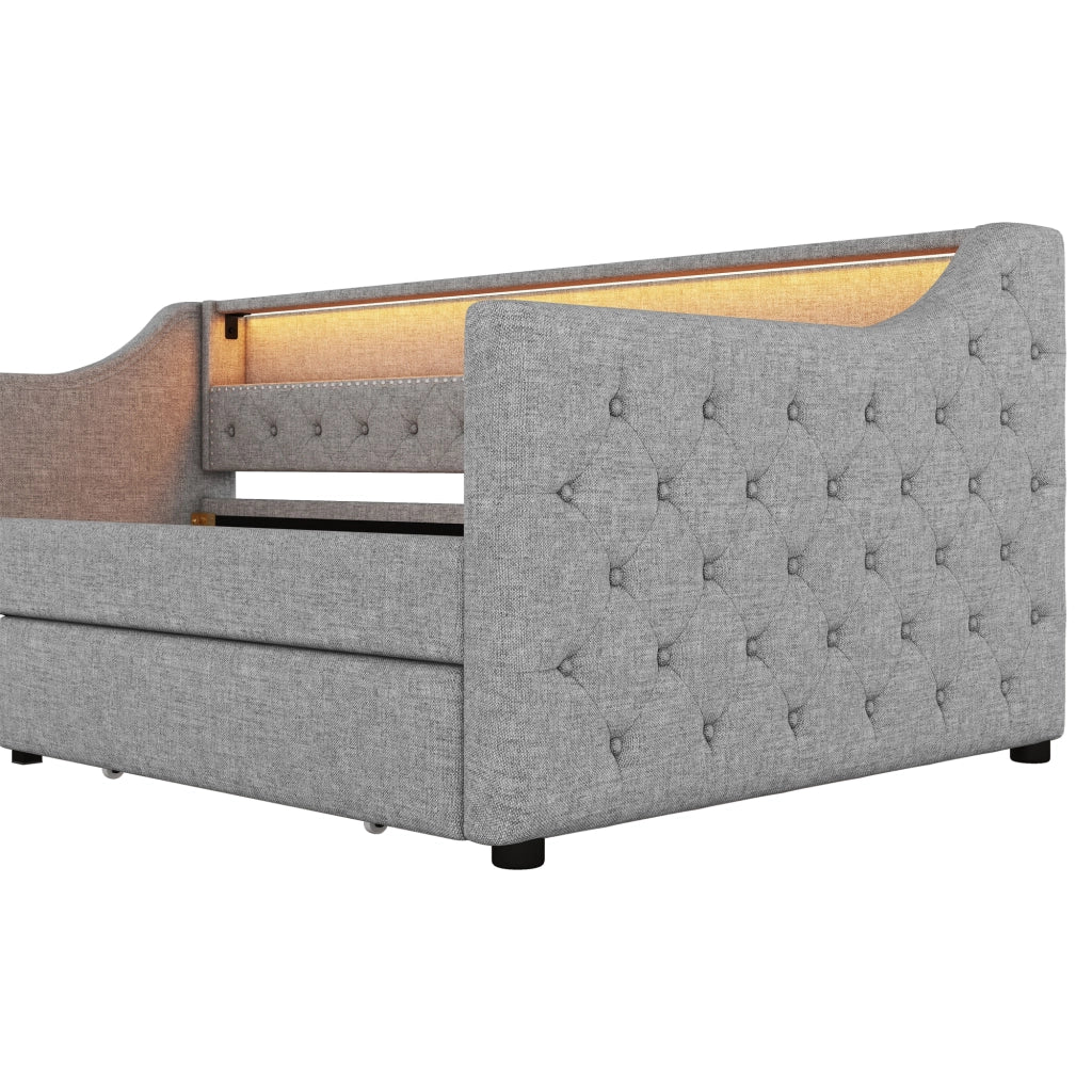 OKWISH Letto a Divanetto 90×200 cm, Letto Singolo con LED Regolabile, 2 Cassetti, USB e Telecomando, senza Materasso, in Lino, Grigio
