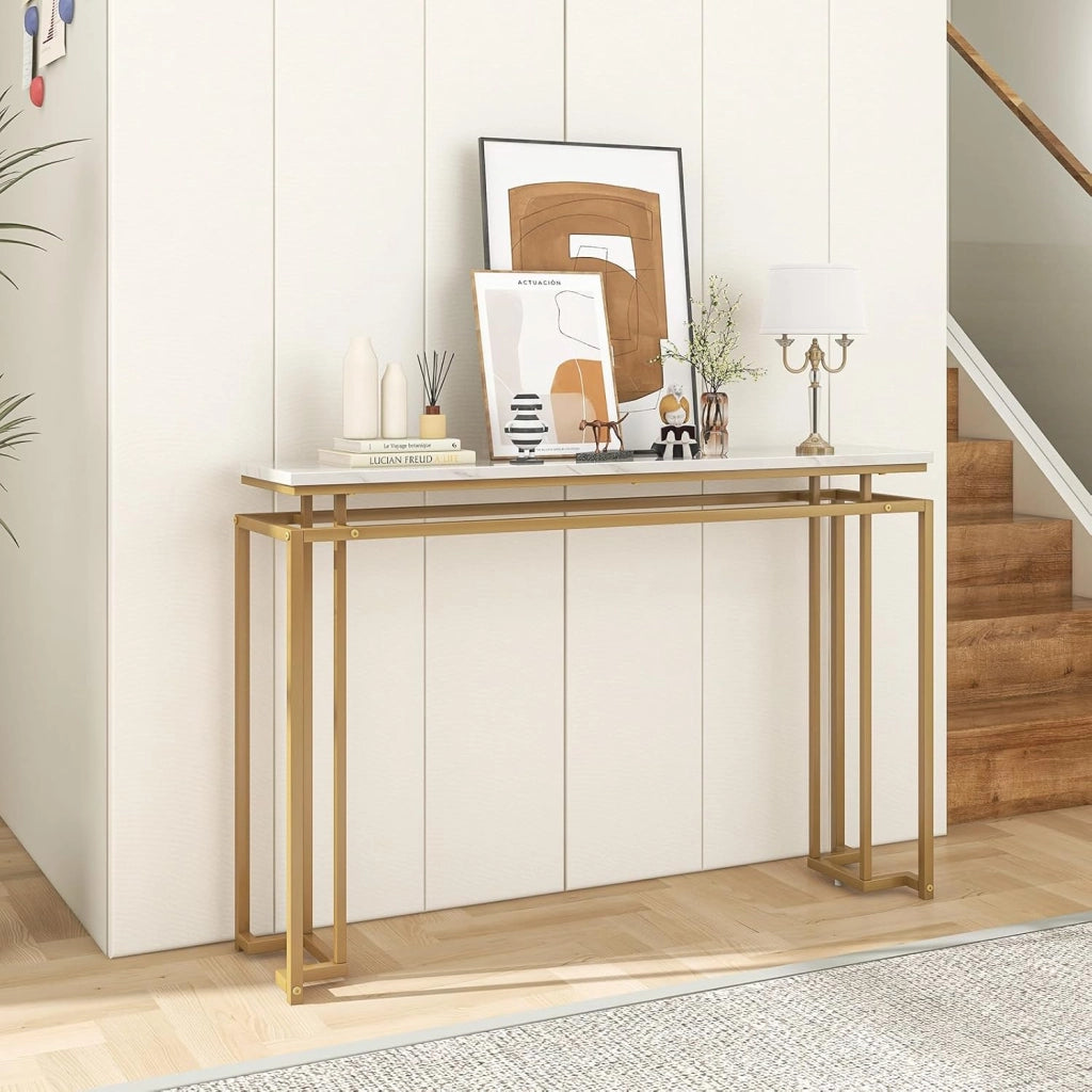 Tavolo Consolle 120cm, Tavolo da Ingresso Sottile con Piano in Finto Marmo e Telaio in Metallo, Piedini Regolabili e Dispositivo Antiribaltamento, Tavolino Elegante per Corridoio, Soggiorno