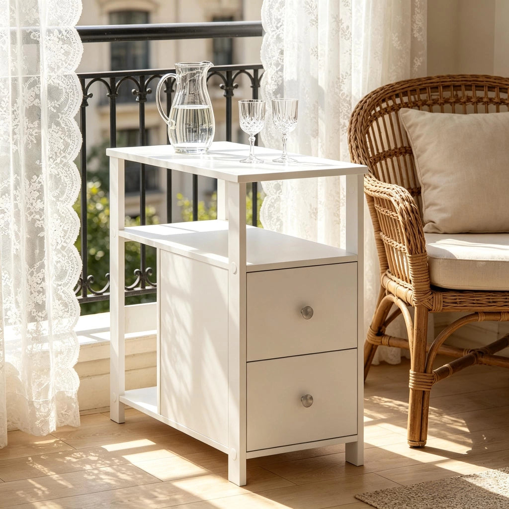 Tavolino basso con prese, 2 cassetti e 2 ripiani aperti, per soggiorno e camera, in legno, bianco, 60 × 60 × 30 cm