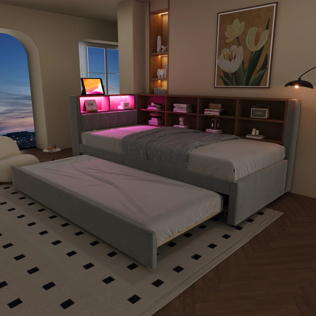 Divano letto multifunzionale 90x200 cm con letto estraibile 90x190 cm, luci LED, prese multimediali, vani contenitore, flanella, grigio chiaro
