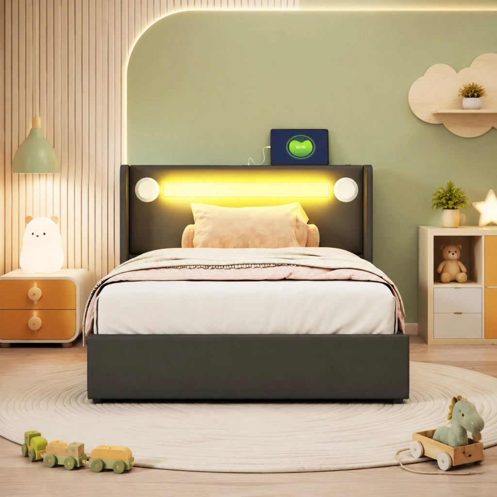 Letto per bambini contenitore 90x200 in PU nero con LED; Bluetooth e 2 porte USB
