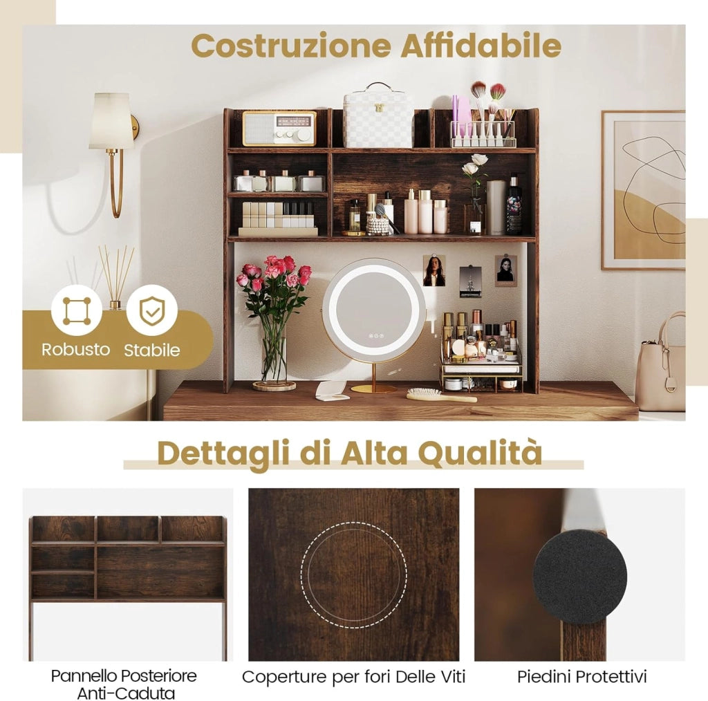 Libreria da Scrivania, Scaffale da Scrivania con 6 Ripiani in Legno, Scomparto Aperto per Monitor 32", Espositore per Dormitori Uffici Studio, 94 x 24 x 85 cm (Marrone)