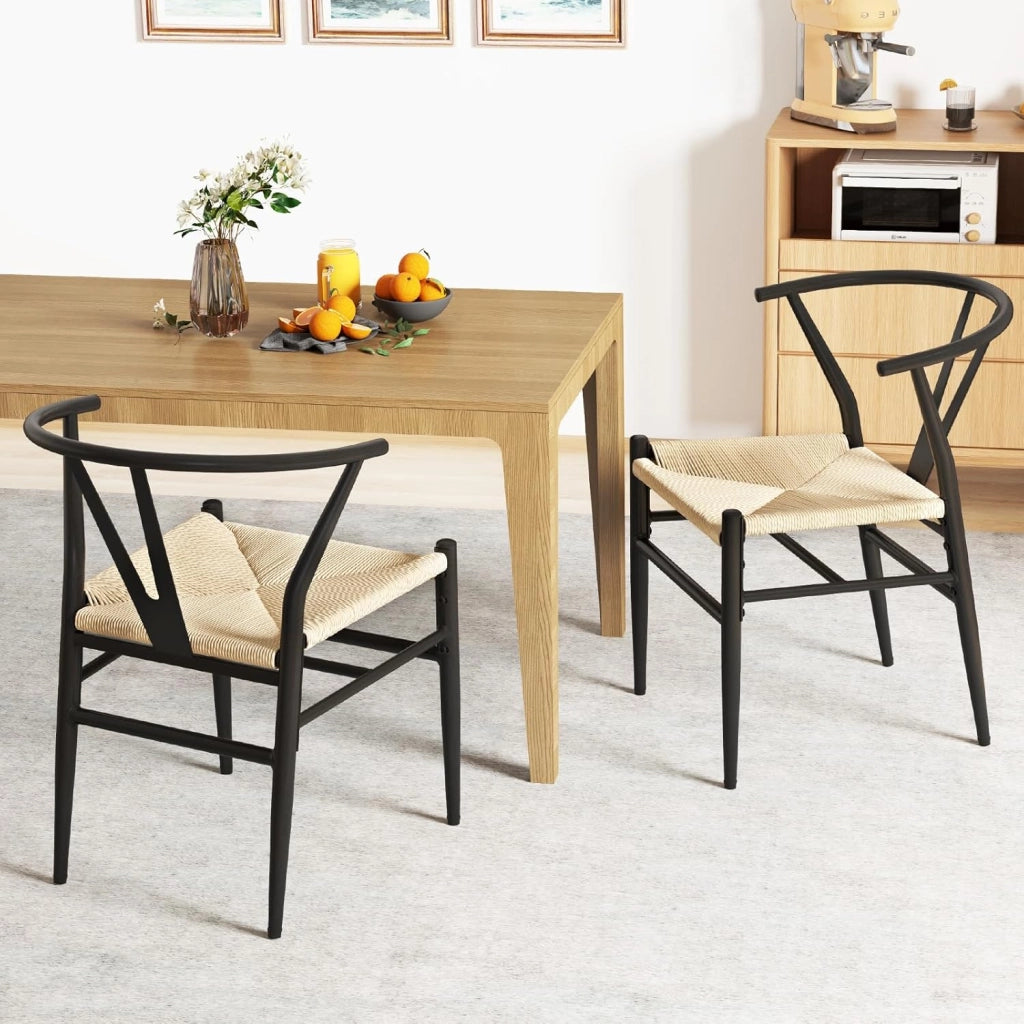 Set di 2 sedie da pranzo impilabili, da cucina, da soggiorno, con schienale e ampia seduta in rattan, portata 150 kg, con gambe in metallo, set di sedie 54 x 59 x 73 cm