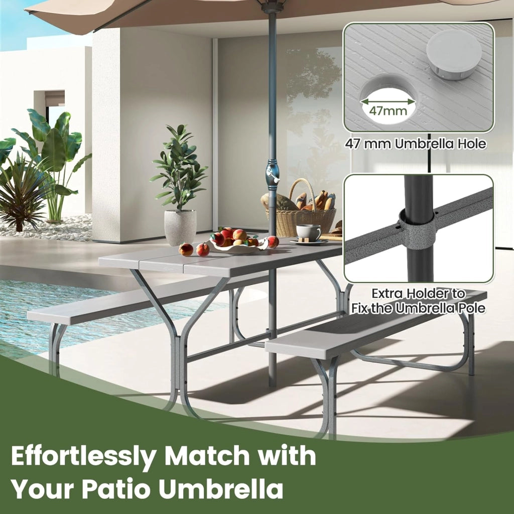 Set Tavolo da Picnic con Panche per 8 Persone, Tavolo da Campeggio con Foro per Ombrellone, Telaio in Metallo, Tavolino da Picnic Rettangolare con Sedute per Patio (Grigio)