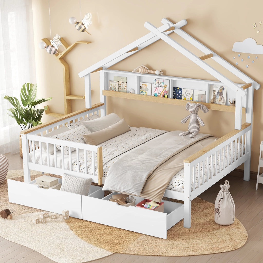 DESMIU Letto per bambini 140 × 200 cm con tetto, 2 cassetti, sponde di sicurezza, senza materasso, bianco e naturale