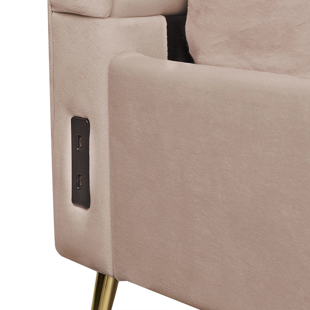 Letto in velluto beige tortora rivestito con gambe in metallo dorato UE Dimensioni doppie 180 x 200 cm con testata con porta USB Camera da letto moderna e glam.