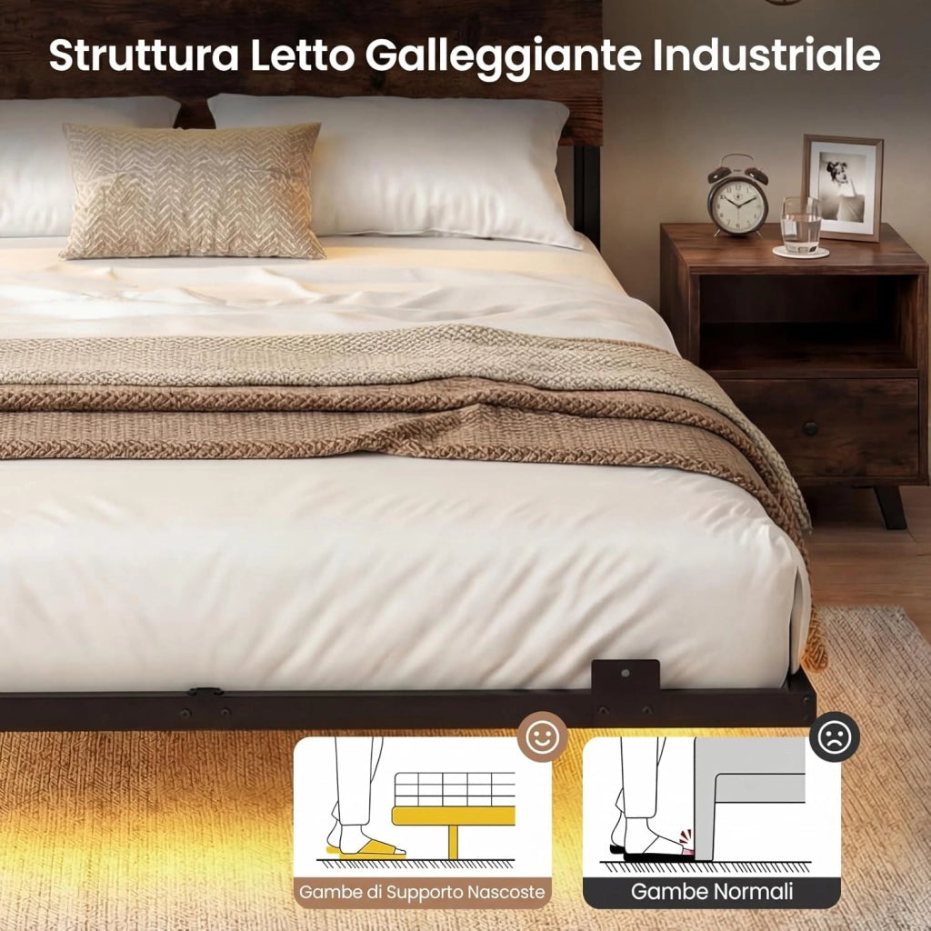 Letto Matrimoniale 140 x 200 cm, Struttura Letto Fluttuante con Luci LED e Stazione di Ricarica, Telaio Industriale in Metallo con Testiera Contenitore, Silenzioso