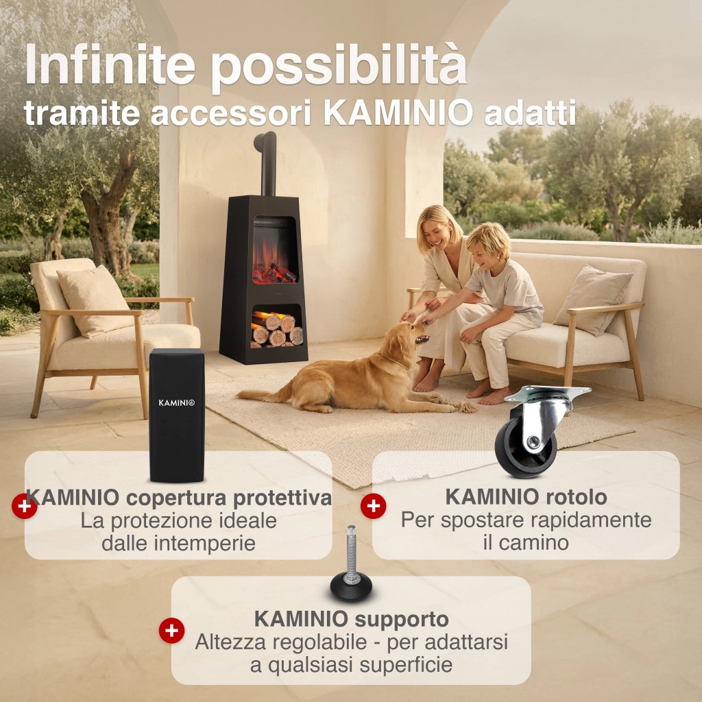 KAMINIO Caminetto elettrico da giardino con tubo KAI L - Stufa de terrazzo  elettrico con riscaldamento, effetto fiamma 3D, luce ambiente a LED, scomparto de legno, telecomando - Large, Nero