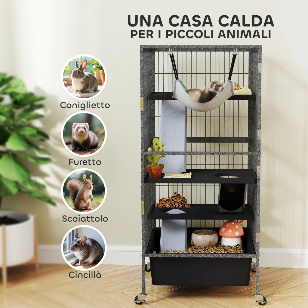 Gabbia per Piccoli Animali a 4 Livelli 52x52x115 cm con Rampe Amaca e Ruote Grigio