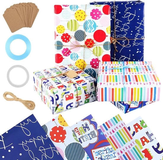 Pacco di 10 confezioni per avvolgere regali - 50 x 70 cm - 5 modelli per compleanno dei bambini - Include etichette, nastri, filo di legatura, nastro adesivo a doppia faccia