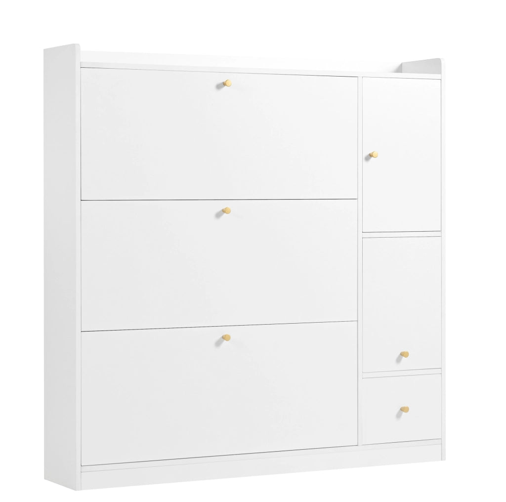 Scarpiera con 3 ante ribaltabili; vano portaoggetti e seduta ribaltabile; 119x24x122 cm; bianco