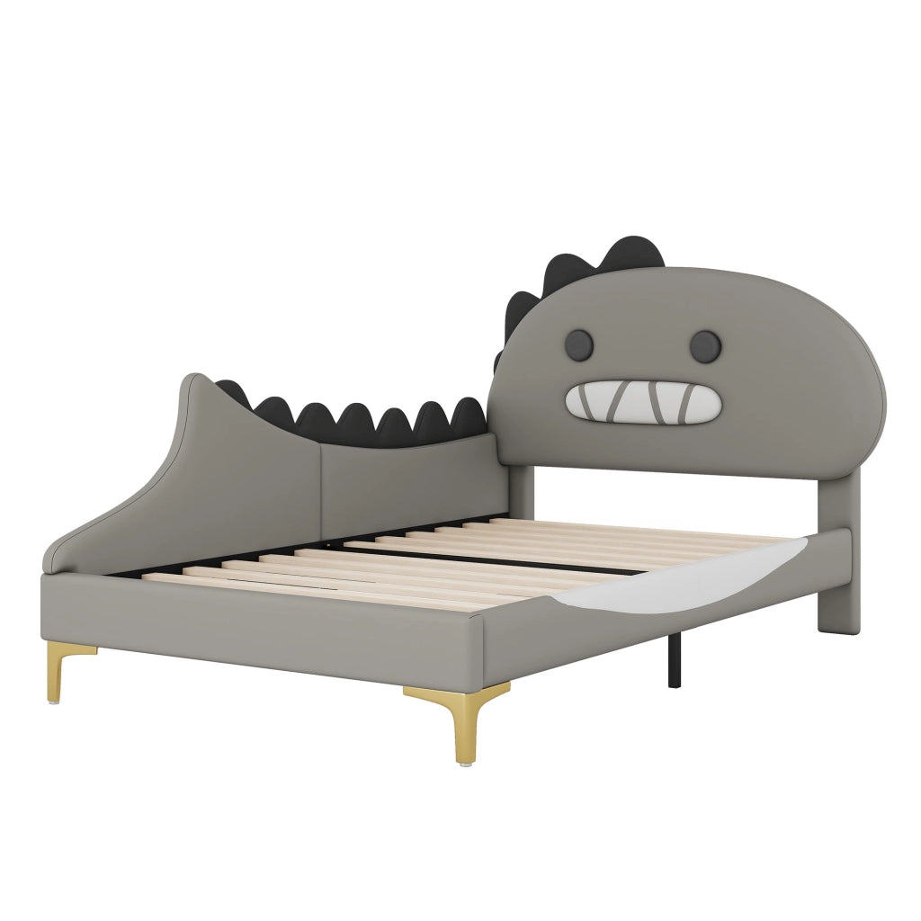 Letto bambino 90×200 cm con testiera a dinosauro e rete a doghe; senza materasso; PU e MDF; grigio