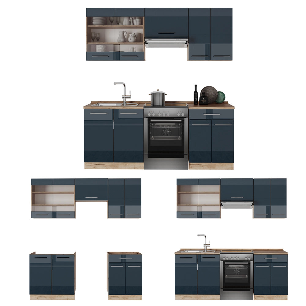 Armadi da cucina Fame-Line Blu scuro lucido/Rovere dorato 200 cm, PL Marmo Vicco