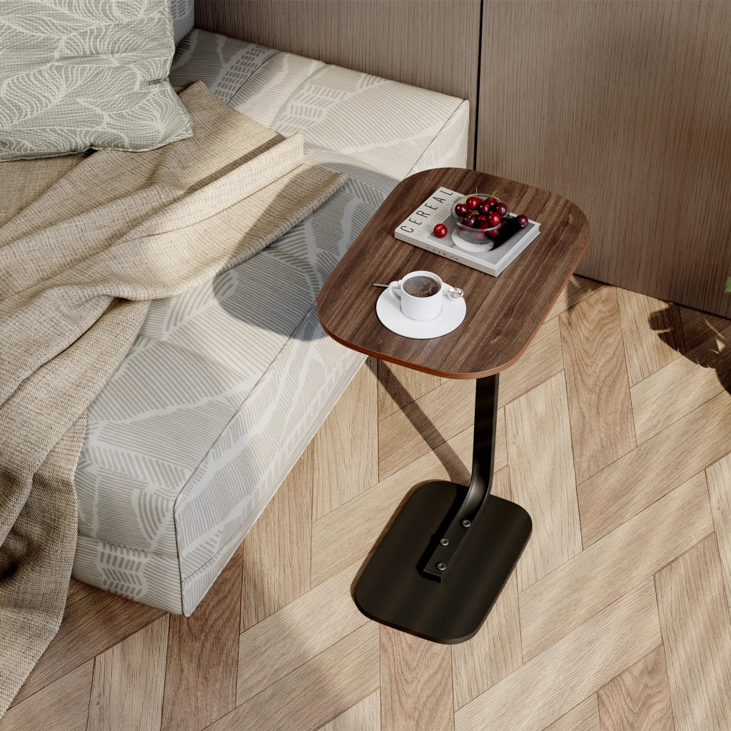 Tavolino laterale a C per divano e letto in legno