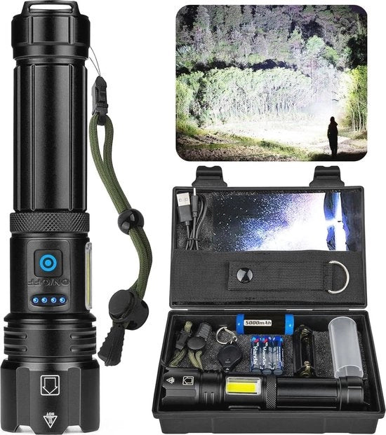 Lanterna LED ricaricabile con 100.000 lumen - estremamente luminosa, ricaricabile via USB - 7 modalità di illuminazione, tattile - IPX7 impermeabile all'acqua - con supporto per lanterna per campeggio e escursioni