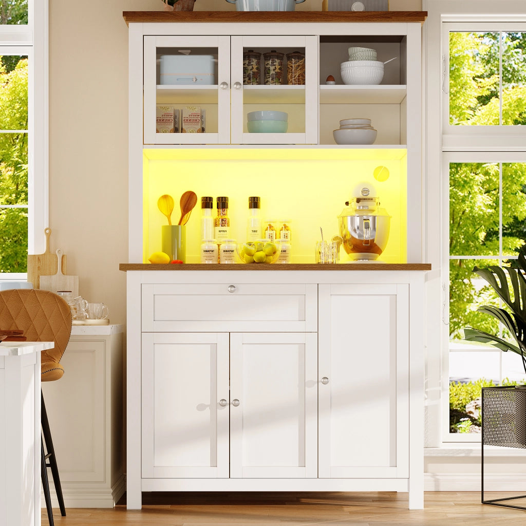 Credenza Alta da Cucina con Vetrina; 3 Ripiani Regolabili e LED; in MDF; Bianco; 104 x 40 x 180 cm