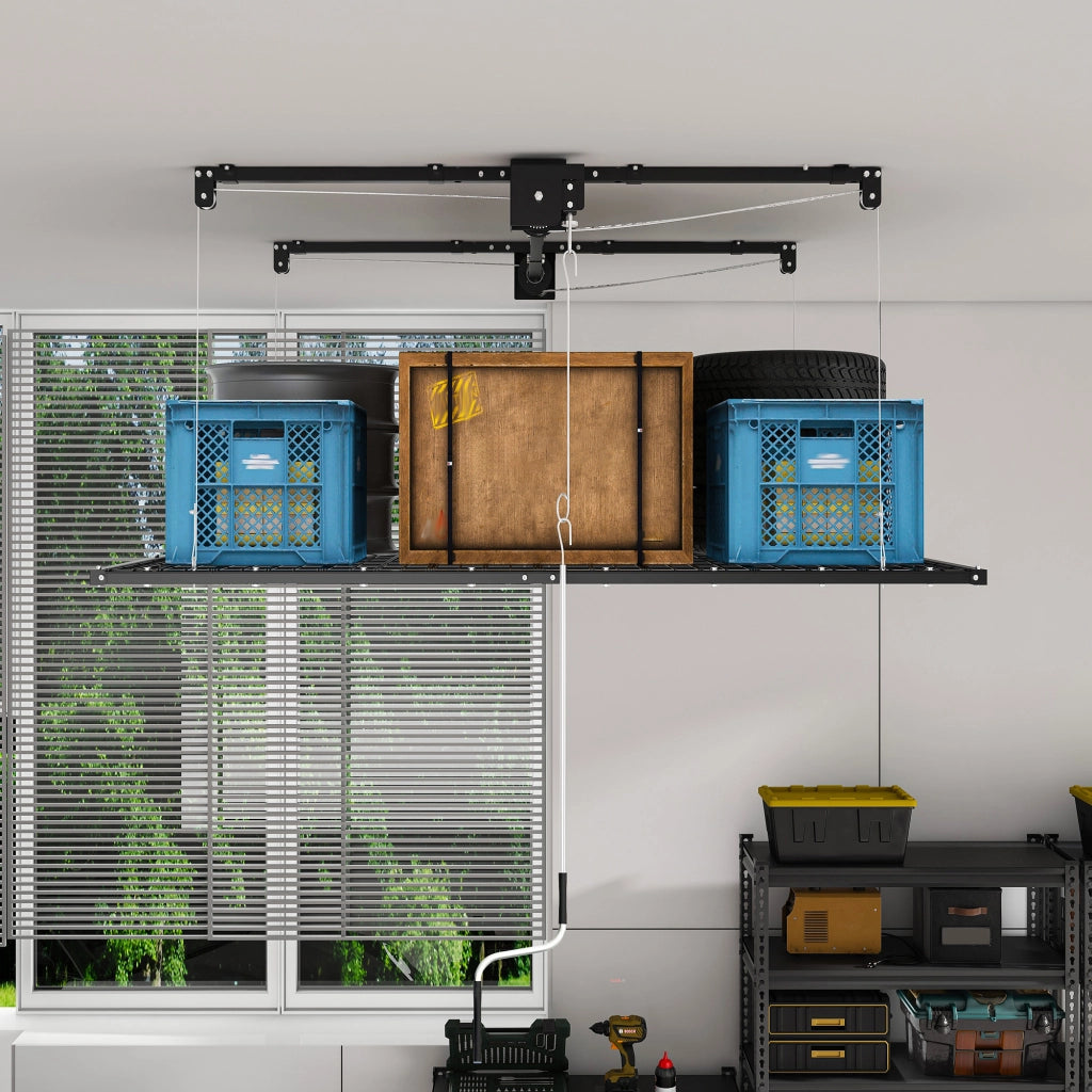 Scaffale da soffitto con sistema a manovella e bloccaggio manuale per garage in acciaio nero 120×240 cm