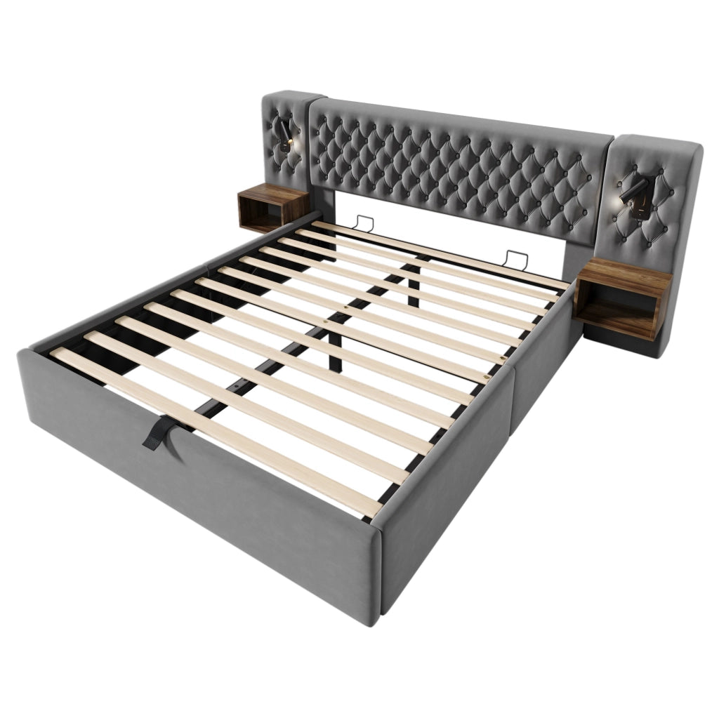 Letto matrimoniale 180x200 cm in velluto grigio con contenitore idraulico; 2 comodini e luci lettura