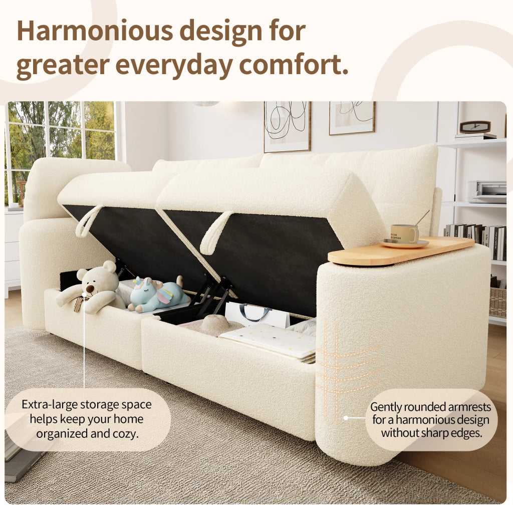 Divano modulare 2-3 posti con contenitore tavolino girevole a 270° e poggiatesta per salotto compatto in teddy beige