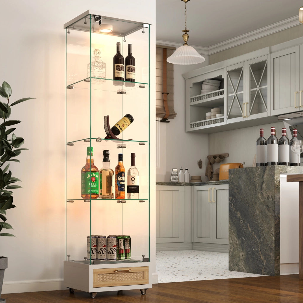Vetrina con LED a 13 colori, anta con ripiani e cassetti, per soggiorno e sala da pranzo, bianca, 42,5 × 36,5 × 167 cm