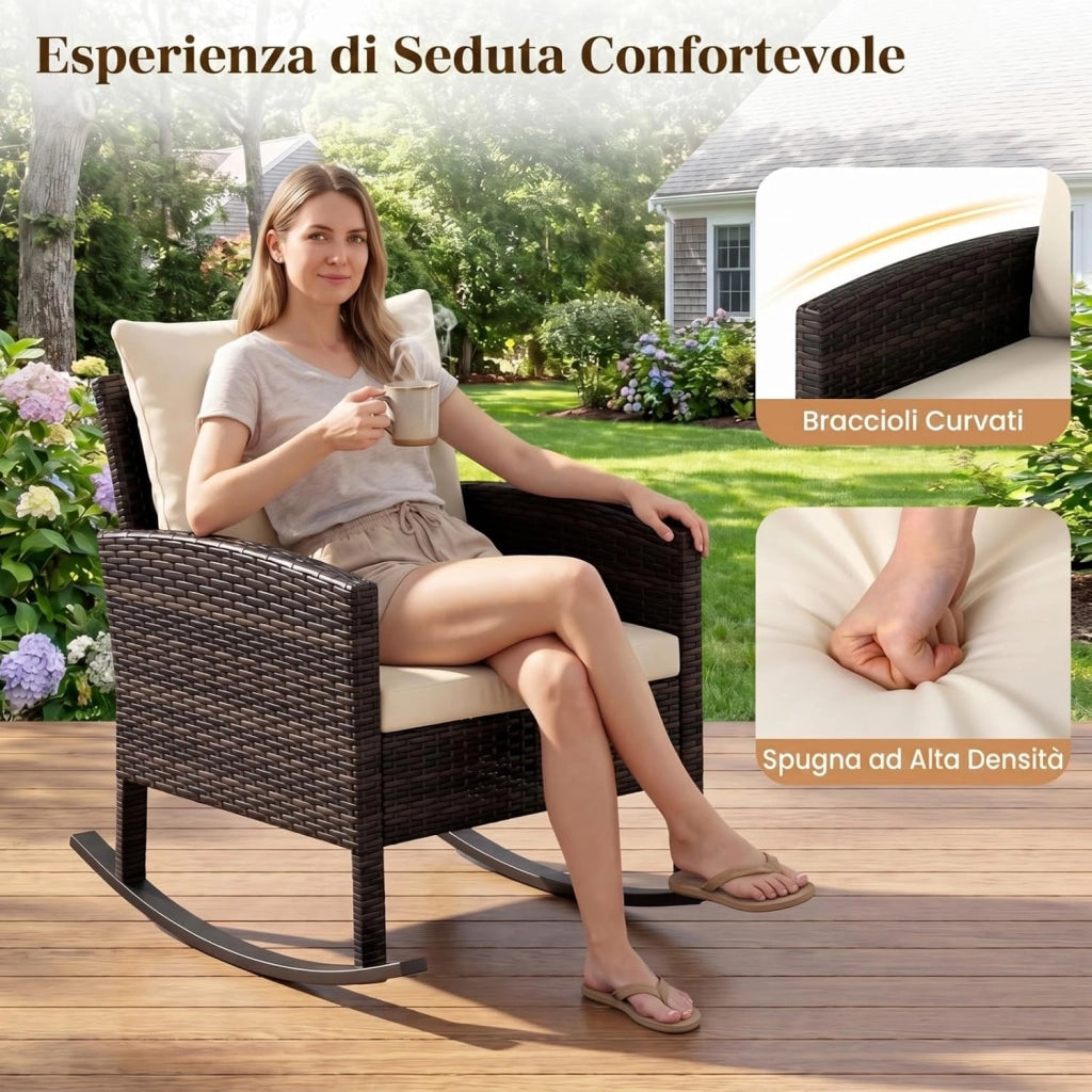 Set Salotto da Giardino in Rattan, Set Mobili da Eterno con 2 Poltrone a Dondolo, Tavolino in Vetro Temperato e Comodi Cuscini con Fodera Lavabile per Cortile e Balcone (Beige)
