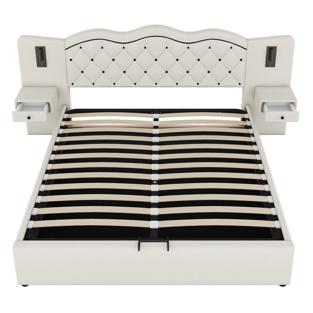 Letto 180 x 200 cm con contenitore idraulico; testiera integrata; USB e luci; beige