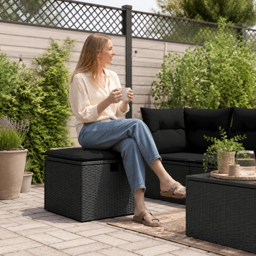 Garden Stool With Cushion, Black, 55x55x37 Cm, Poly Rattan