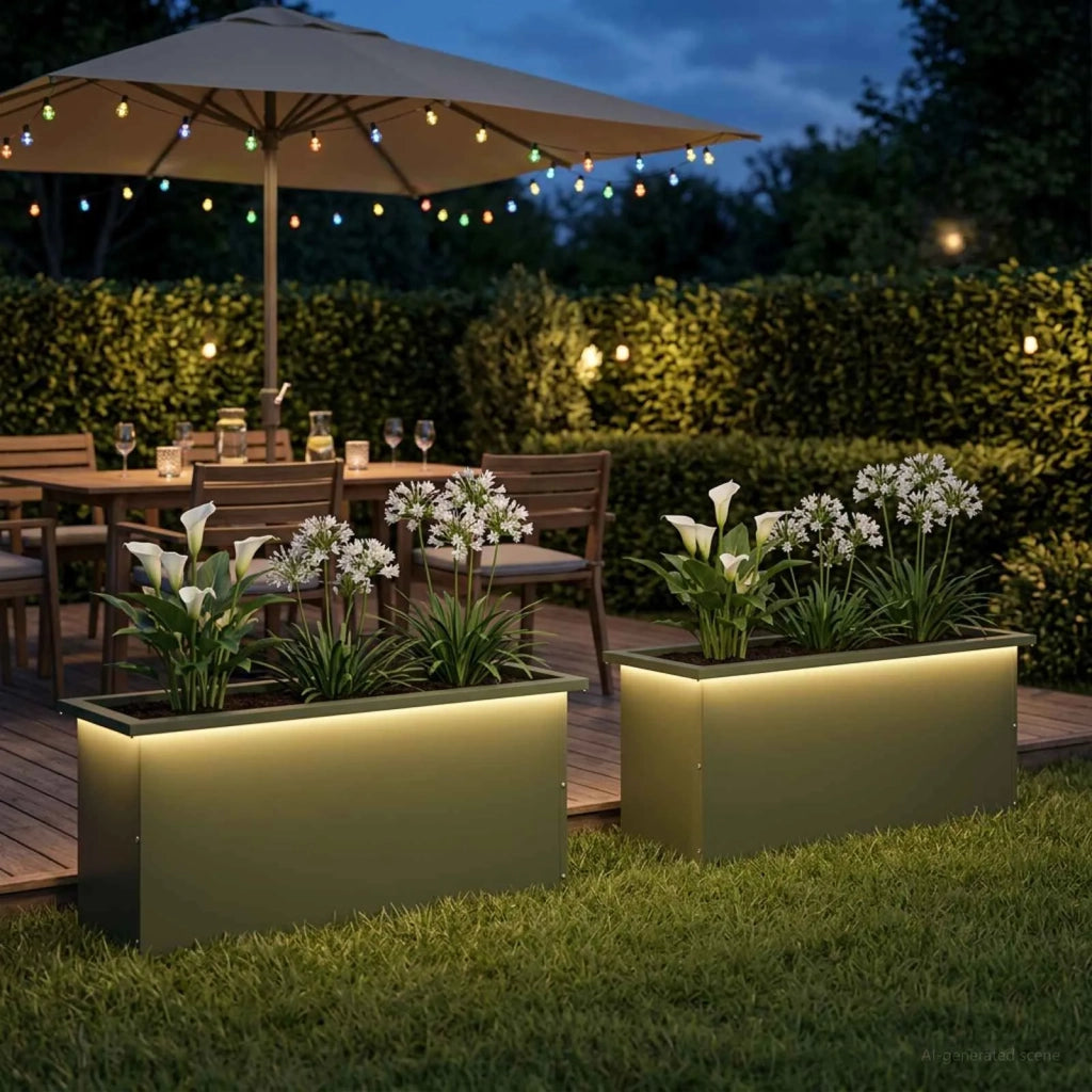 Fioriera da giardino con LED 2 pz Verde Oliva 30 x 100 x 30 cm 8008119
