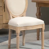 Set 2 Sedie Imbottite da Pranzo, Sedie per Soggiorno Stile Vintage Rétro in Legno e Tessuto Effetto Lino Bianco Panna 49x56x96cm