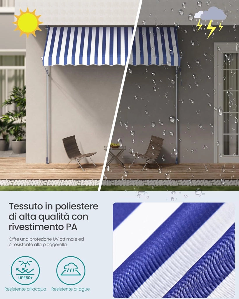 SONGMICS Tenda da Sole Avvolgibile, Tendalino Parasole Retrattile Manuale, Regolabile in Altezza con Manovella per Balcone Giardino Patio, 300 x 120 cm, Blu e Bianco GSA302QZ01