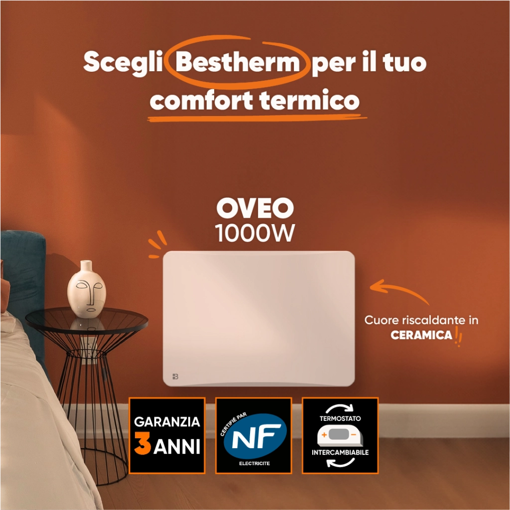Radiatore elettrico fisso con inerzia ceramica a secco 1000W plug & play OVEO orizzontale bianco