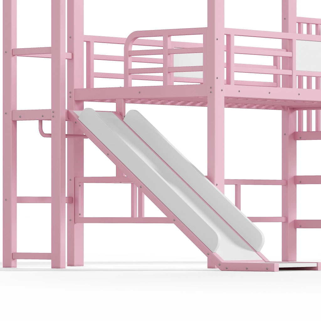 Letto a soppalco per bambini rosa a casetta con scivolo; LED Bluetooth; 90 x 200 cm