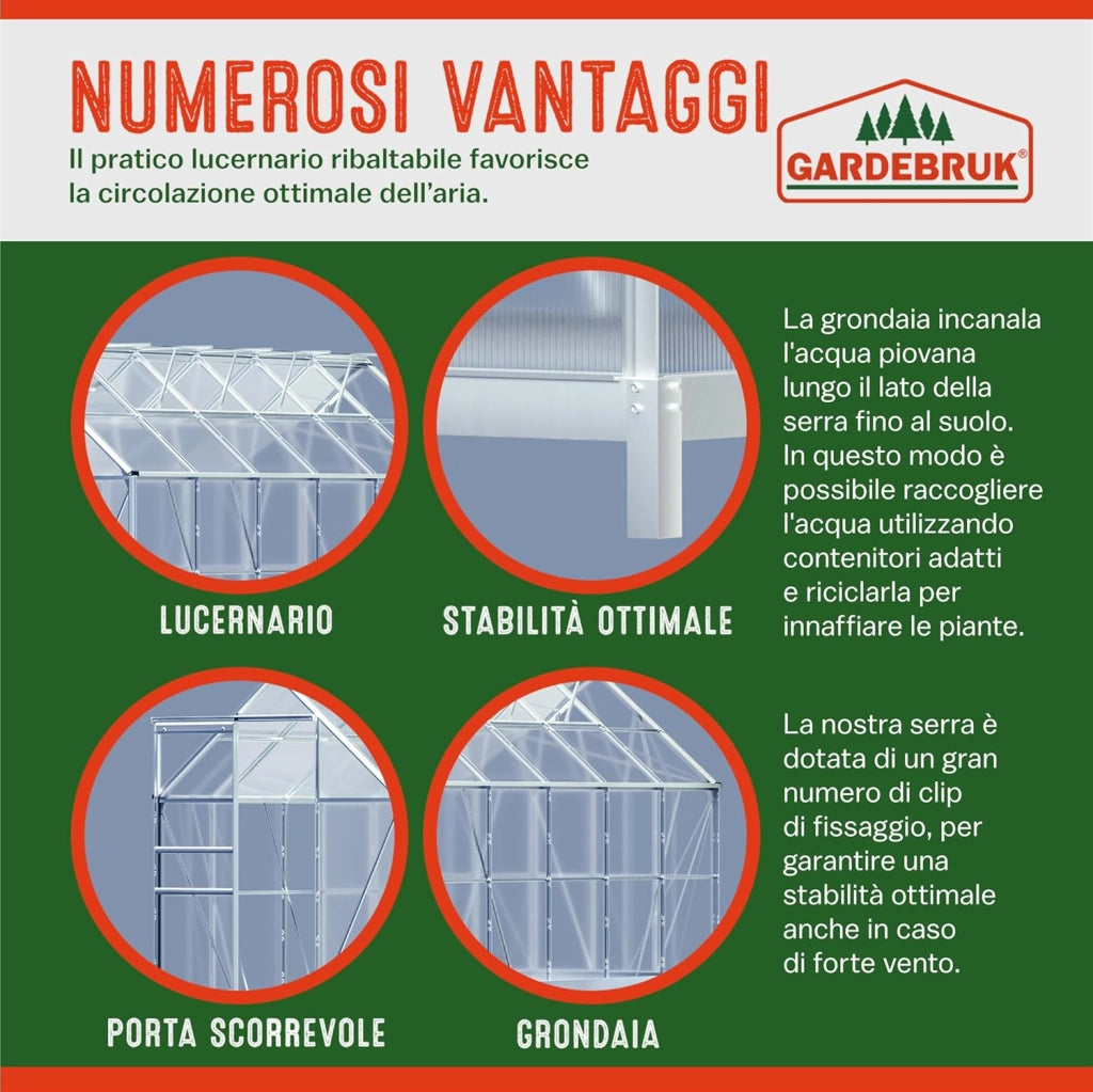 Serra Giardino Alluminio con Base 7,2m² 380x190cm 11,73m³ 4 Lucernari Orto Piante Esterno