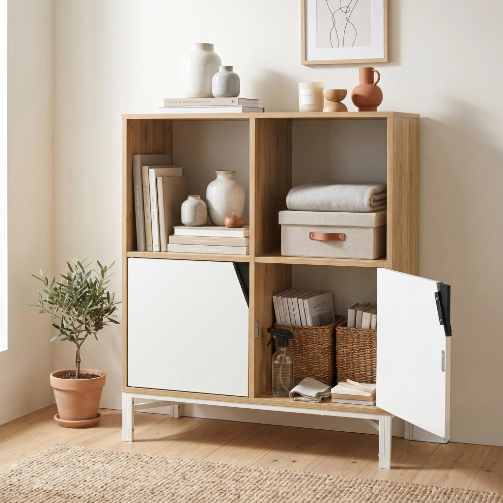 Mobile Contenitore Kerrköndam Comò con 2 Ante e 2 Vani Aperti 94 x 76 x 40 cm - Effetto Rovere/Bianco [en.casa]