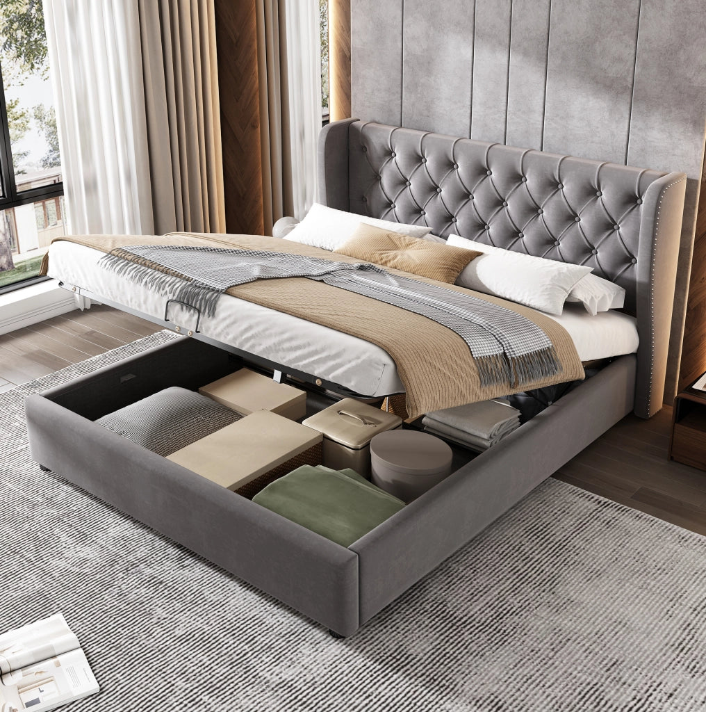 Letto imbottito contenitore in velluto grigio 197x146x99 cm