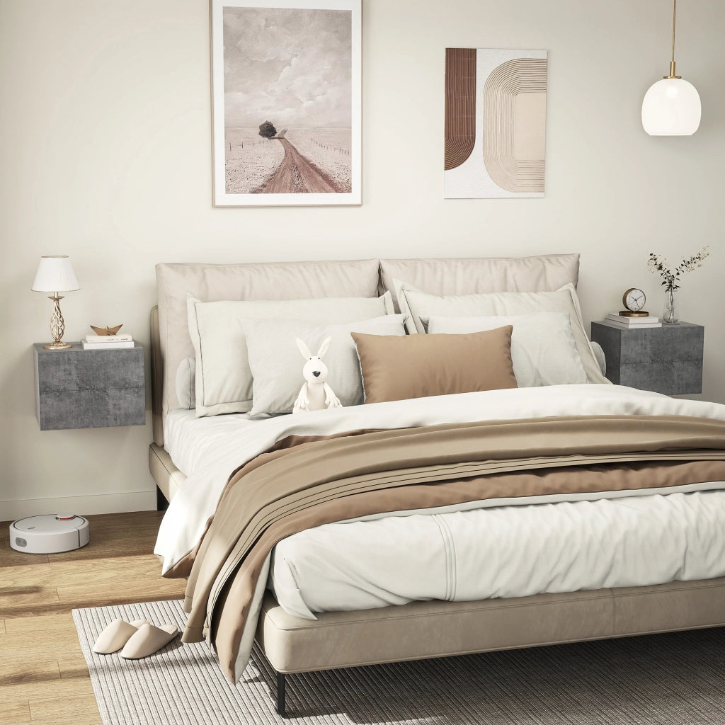 Set 2 Comodini Sospesi da Parete con Cassetti, 40x29x30 cm, Salvaspazio e Moderni per Camera da Letto, Grigio Cemento