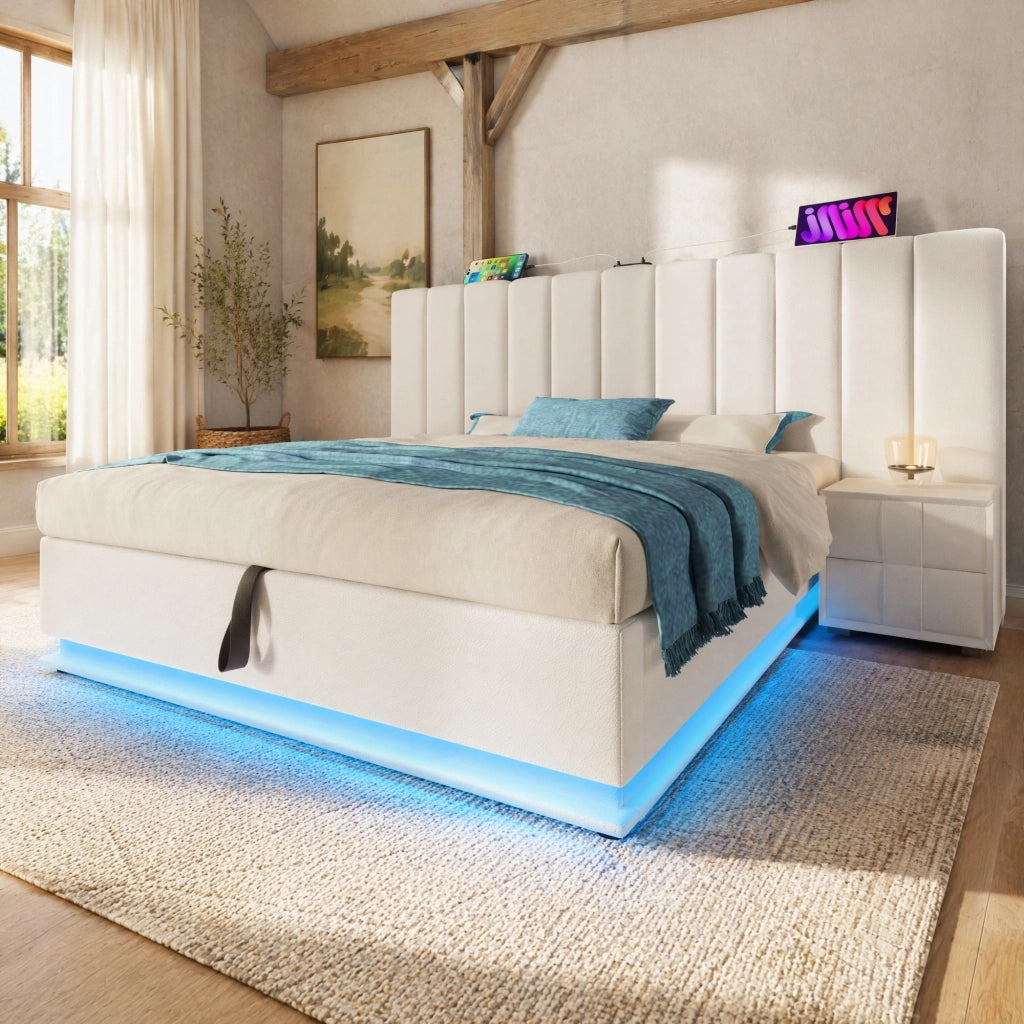 Letto matrimoniale 180x200 con LED 360°, ricarica USB-C, contenitore idraulico, bianco