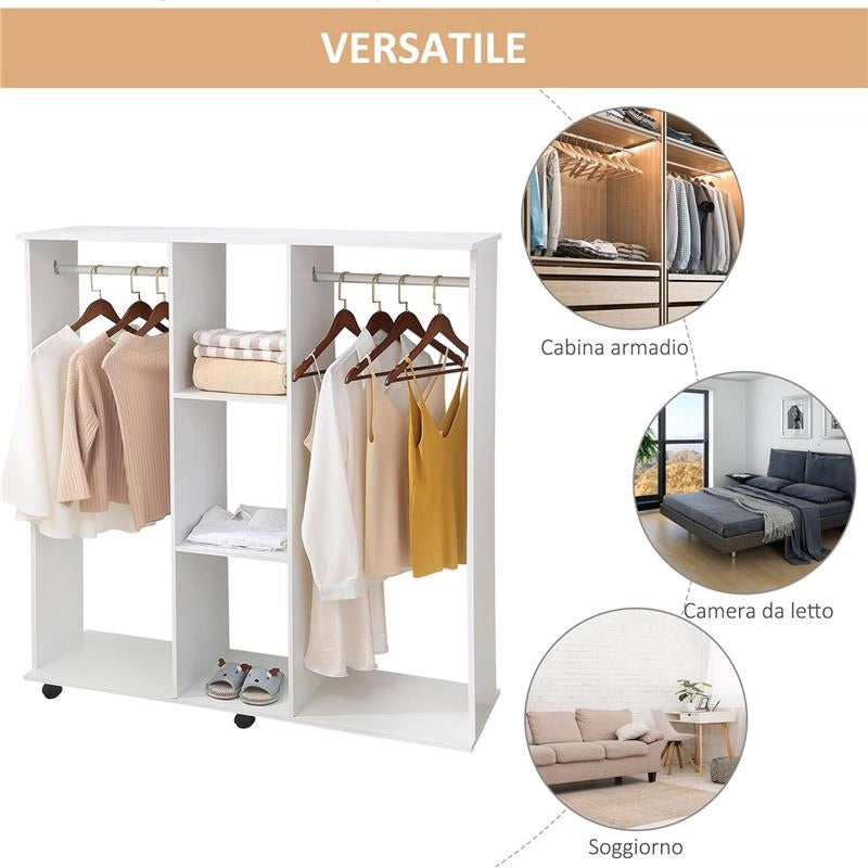 ARMADIO GUARDAROBA A ROTELLE CON 2 BARRE E 3 RIPIANI APERTI, IN LEGNO E ALLUMINIO, 120X40X128 CM, BIANCO