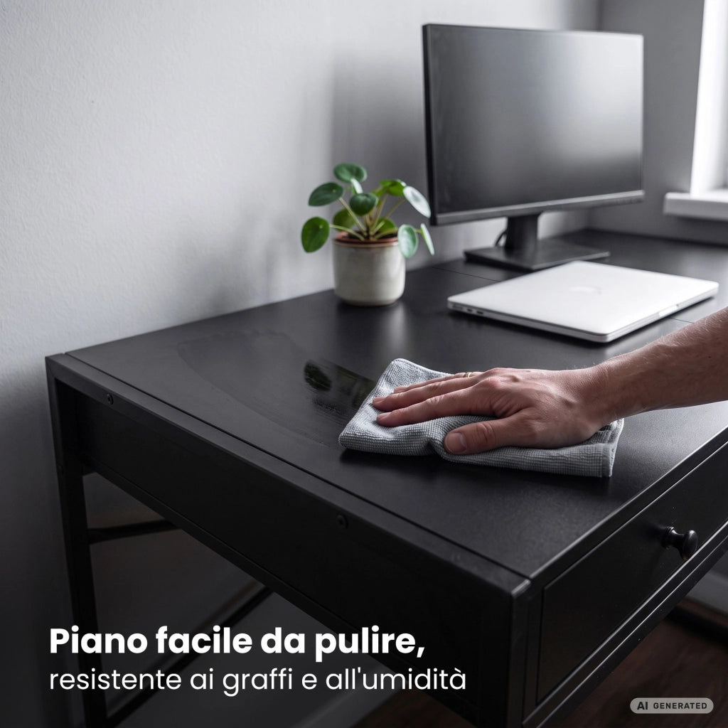 Scrivania industriale per computer Nera ELONIS 123 cm 2 cassetti 1 ripiano gambe nere