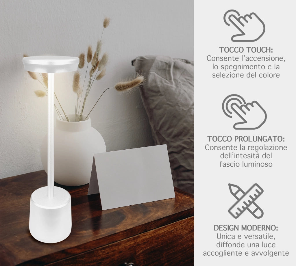 Coppia Di Lampada Da Tavolo LED Set 2 Pezzi Design Moderno Senza Fili Ricaricabile Controllo Touch Selezione Colore Intensità Dimmerabile Altezza Regolabile Con Adattatore Per Bottiglia 3000/4500/600K AbatJour Comodino 2Pz-Reverse-Bianco