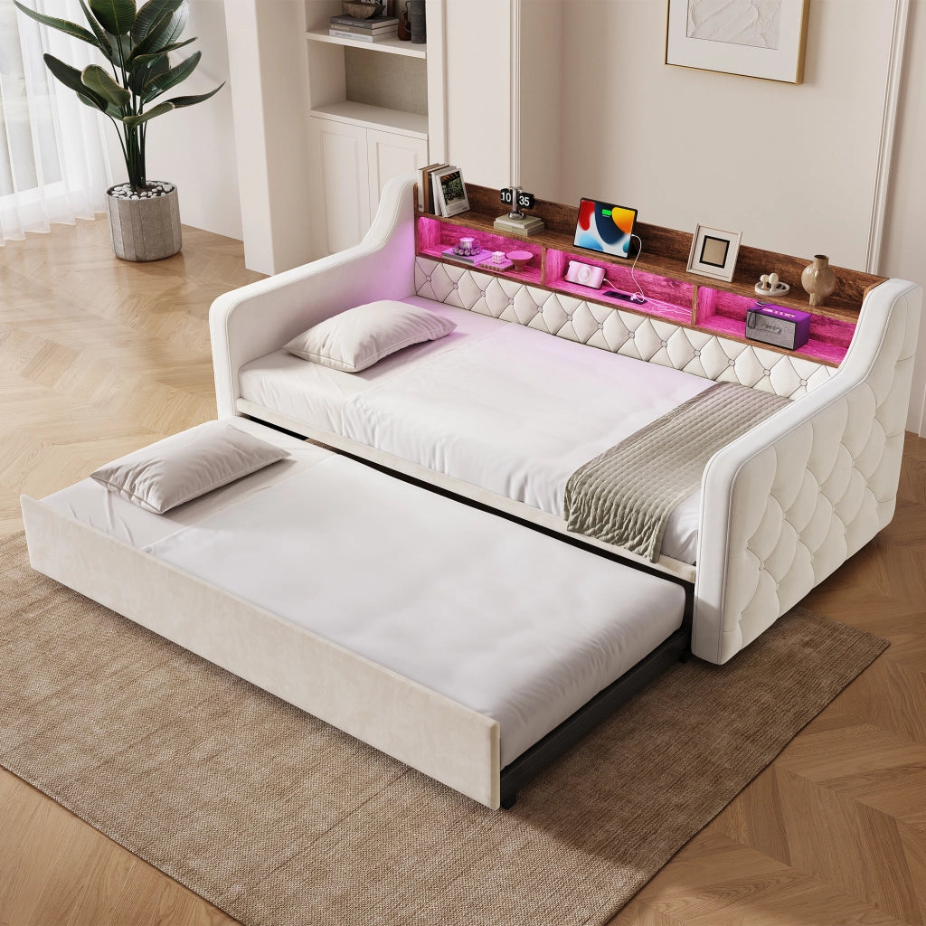 LETTO Divano letto estraibile 90x190 cm in velluto beige con LED e USB